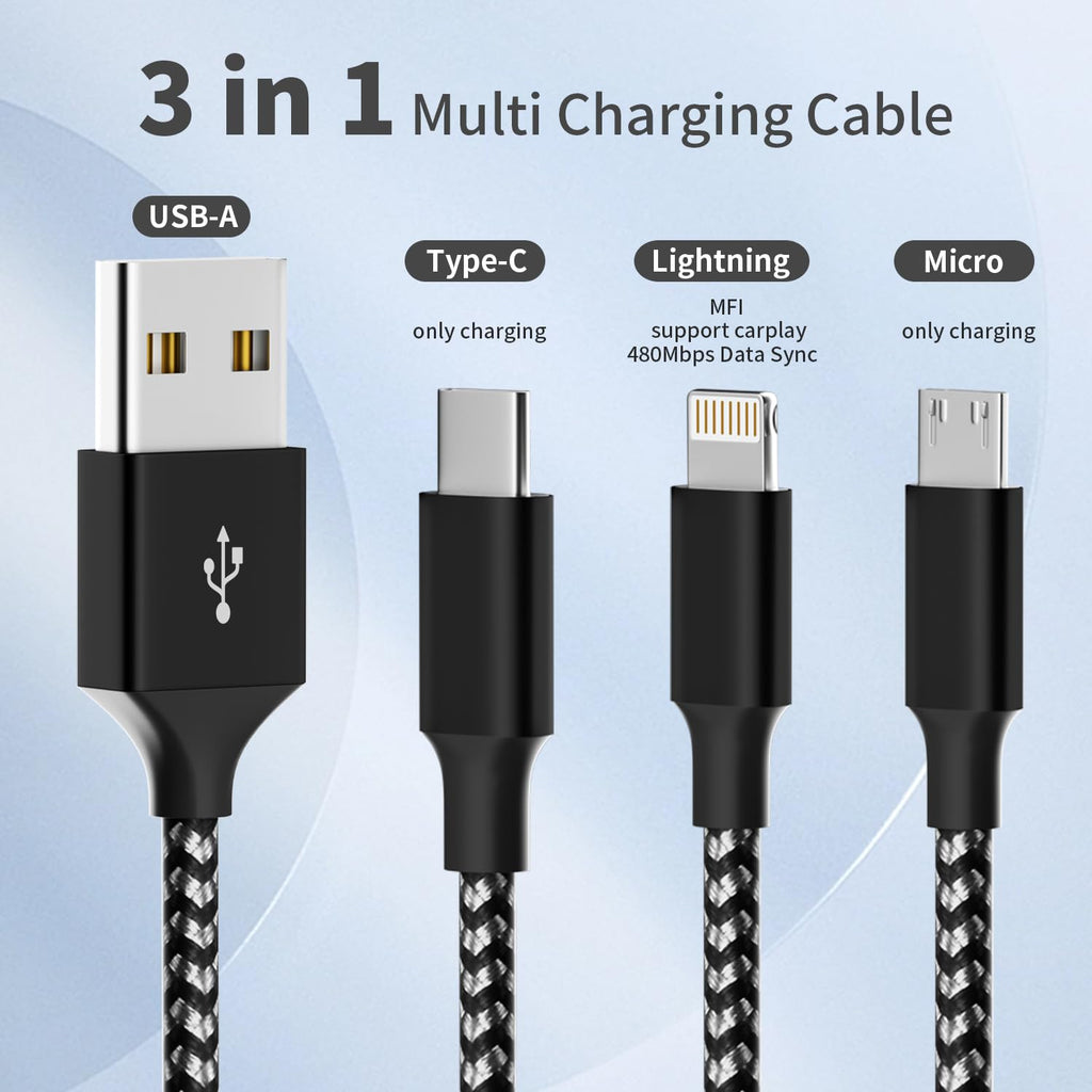 Travel Essentials Multi Charging Cable, 3 in 1 Universal Phone Charger Cord