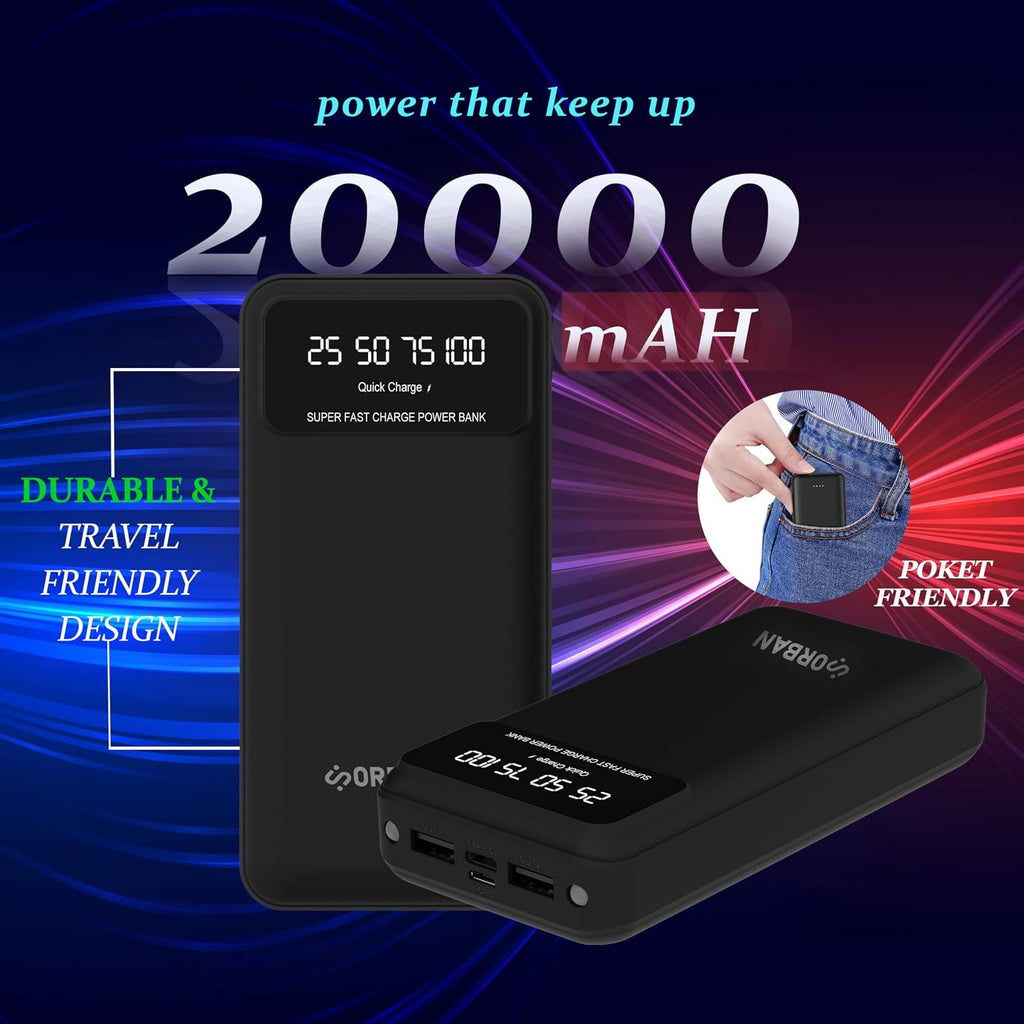 Orban 20000mAh High-Capacity Power Bank with Fast Charging USB & Type-C PD/QC Support