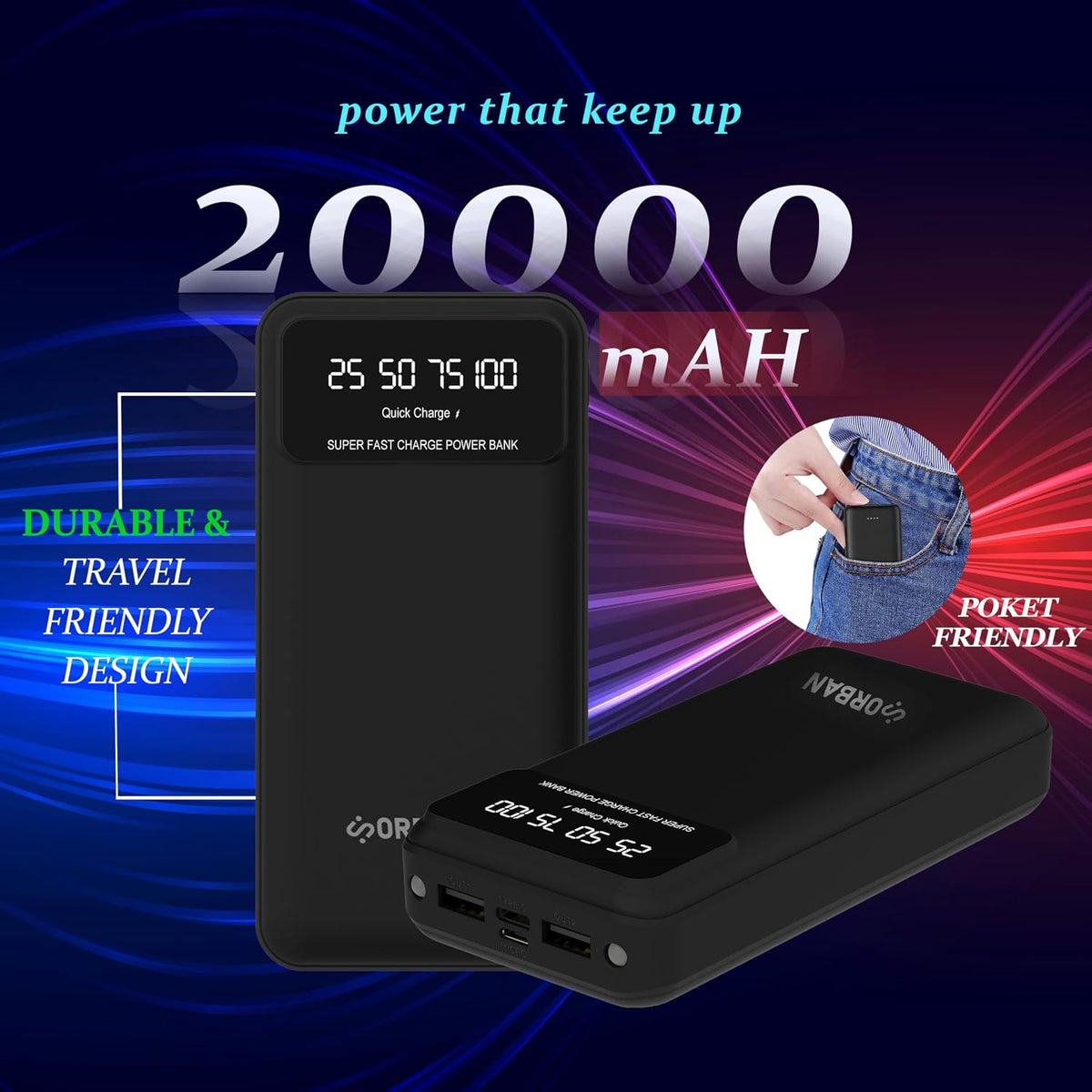 Orban 20000mAh High-Capacity Power Bank with Fast Charging USB & Type-C PD/QC Support