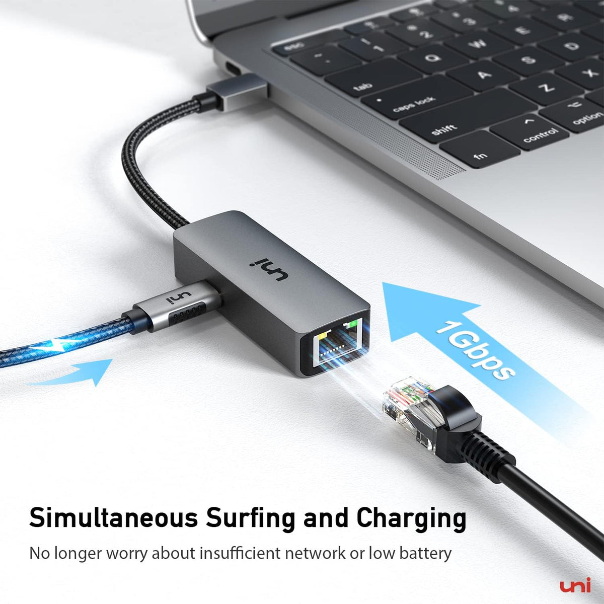 uni USB C to Ethernet Adapter 1Gbps with 100W PD Charging Port
