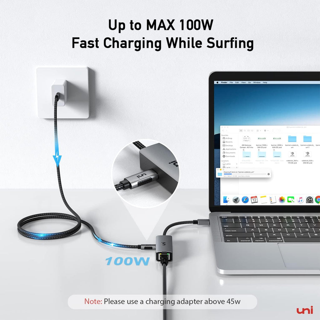 uni USB C to Ethernet Adapter 1Gbps with 100W PD Charging Port