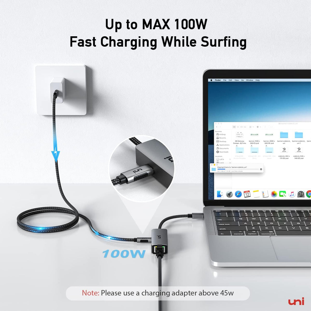 uni USB C to Ethernet Adapter 1Gbps with 100W PD Charging Port