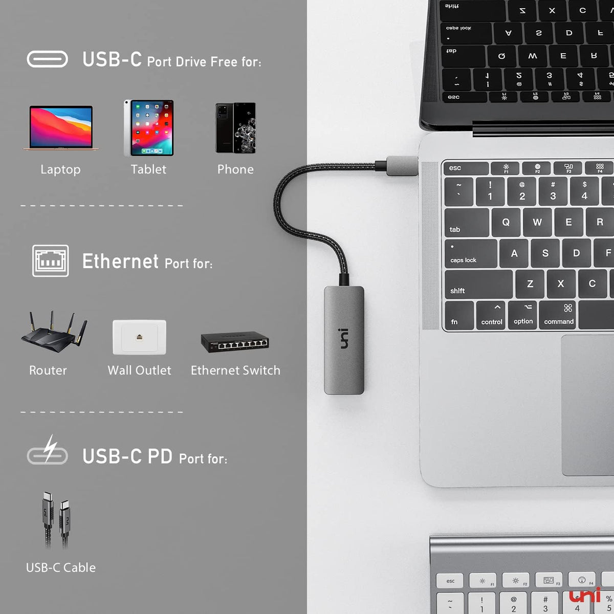 uni USB C to Ethernet Adapter 1Gbps with 100W PD Charging Port