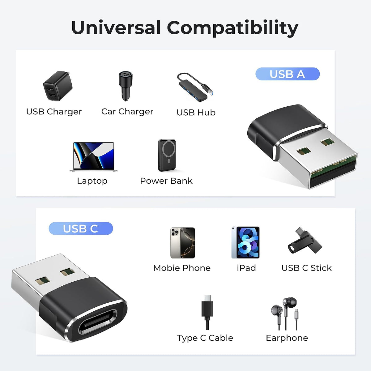 Basesailor USB A to USB C Adapter 4Pack, Type C to USB Charger Converter
